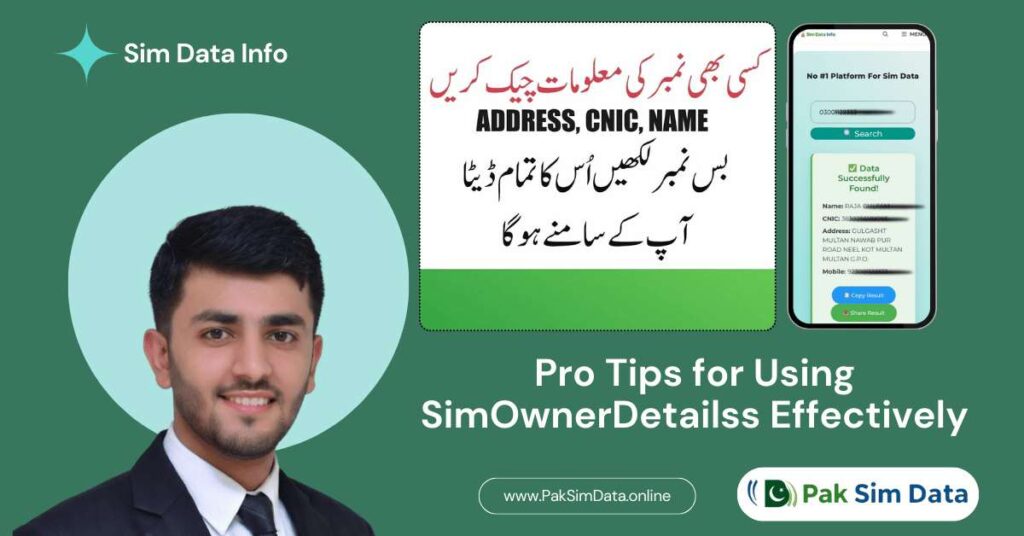 Graphic showing a mobile phone interface and a presenter, titled "Pro Tips for Using Sim Owner Detailss Effectively".